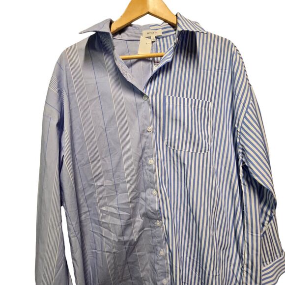 🩵BETTER BE Button Down Shirt Striped Blue & White LARGE One Pocket Tunic - Picture 6 of 8
